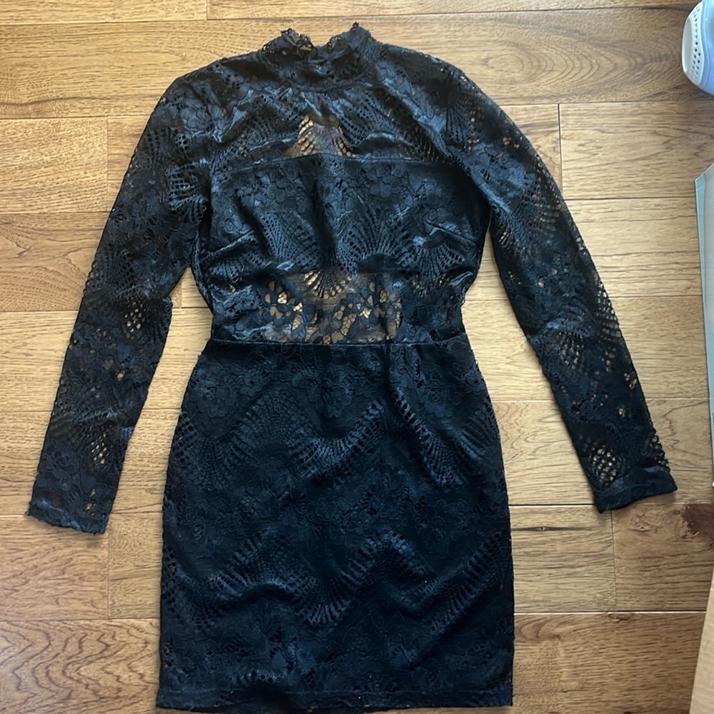 NWT black lace long sleeve high neck open back mini dress size small Oh My Love